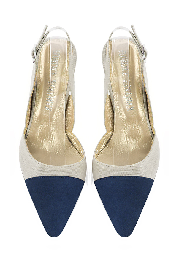 Women's navy blue and off white elegant slingback heels. Tapered toe. High slim heel - Top view